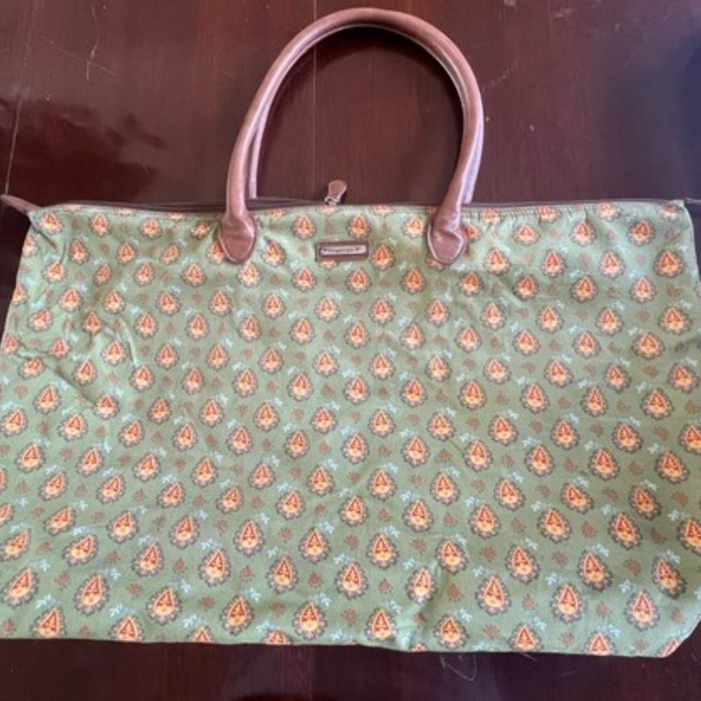 Longaberger Print and brown leather trim weekender tote bag (vintage)
